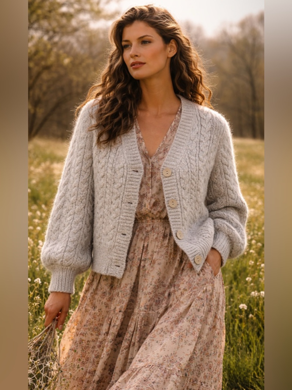 Peruvian Connection Cardigan Beige Cable Knit Cropped Alpaca L Luxury